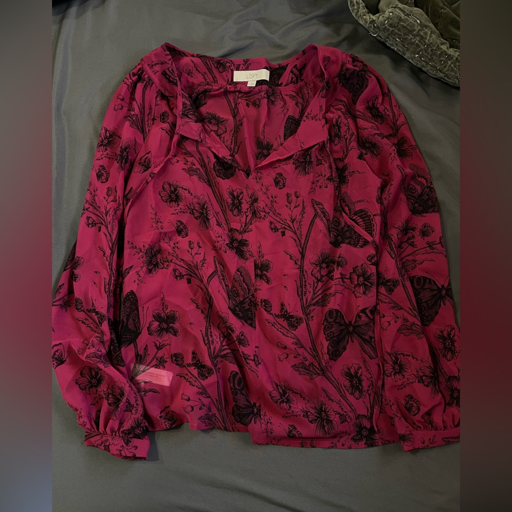 LOFT Magenta Blouse with Black Floral Design